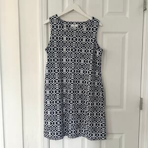 Jude Connally Beth 110 Sleeveless Pullover Shift Dress Blue White Geo Scroll XL